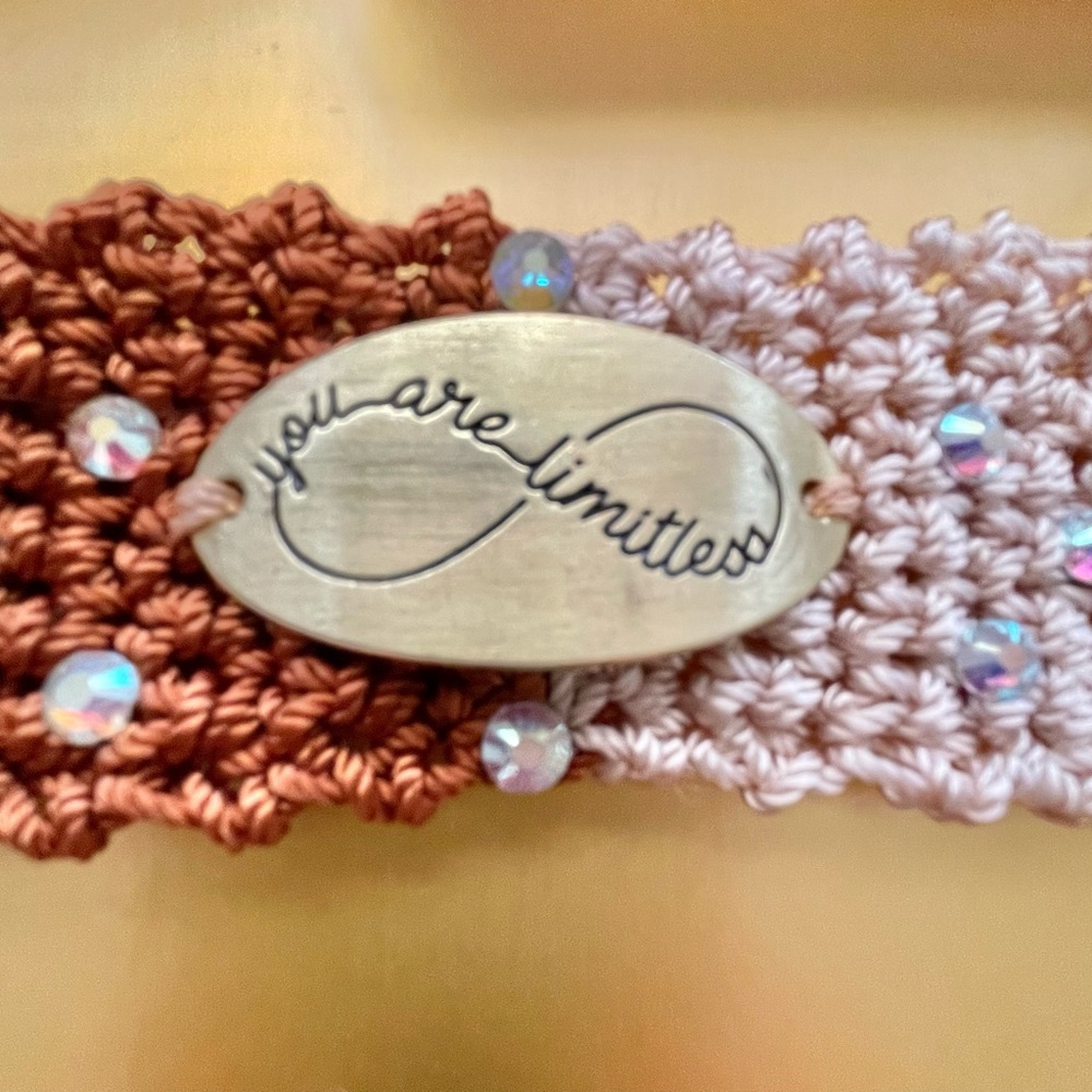 Hand Knits 2 Love Bracelet Eternity Quote Pendant Crystals Crochet Designer Hip